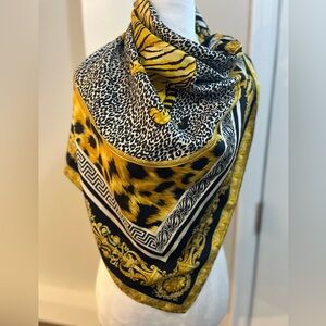 Gianni Versace VTG 90s tiger motif 100% silk scarf, hand rolled edges, like new